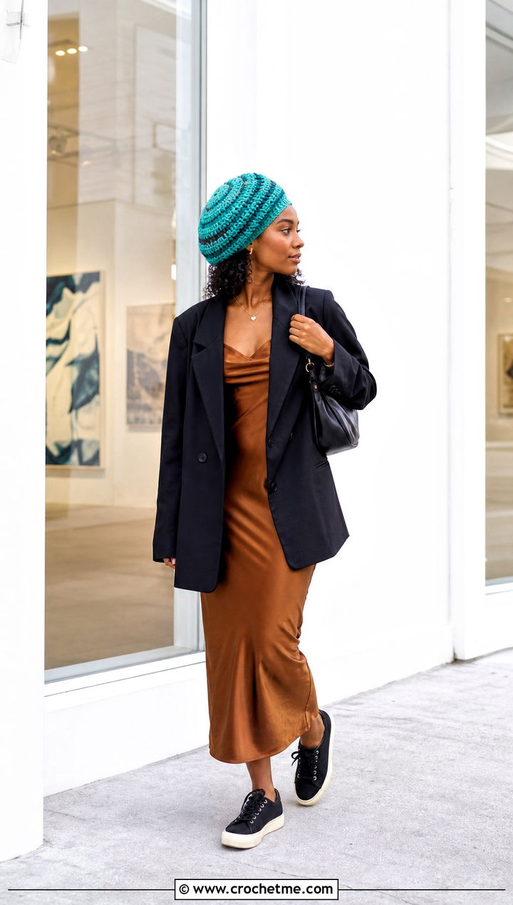 Spiral Stitch Crochet Rasta Tam With Slip Dress - 35 crochet rasta hats outfit ideas