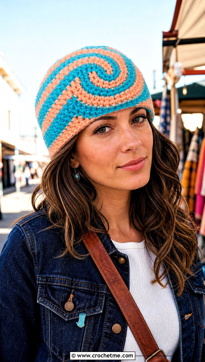 Spiral Stitch Crochet Ski Hat With Western Jacket And Jeans - 30 crochet ski hat outfit ideas