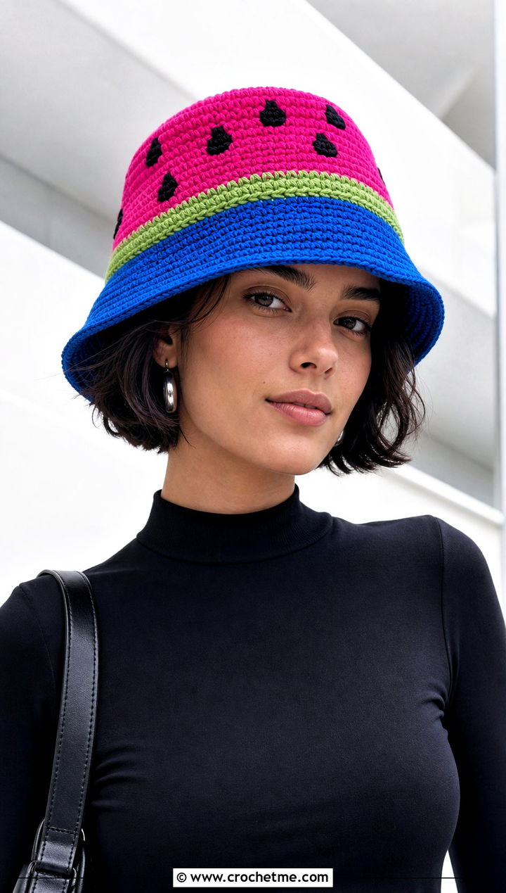 Spiral Stitch Crochet Watermelon Bucket Hat With Black Monochrome Outfit - 30 crochet watermelon bucket hat outfit ideas