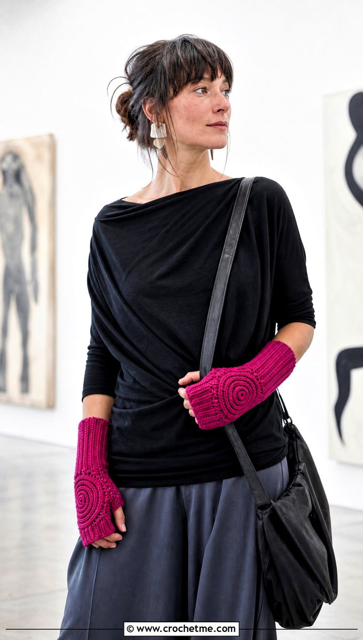 Spiral Stitch Fingerless Gloves With Draped Top And Palazzo Pants - 30 crocheted fingerless gloves outfit ideas