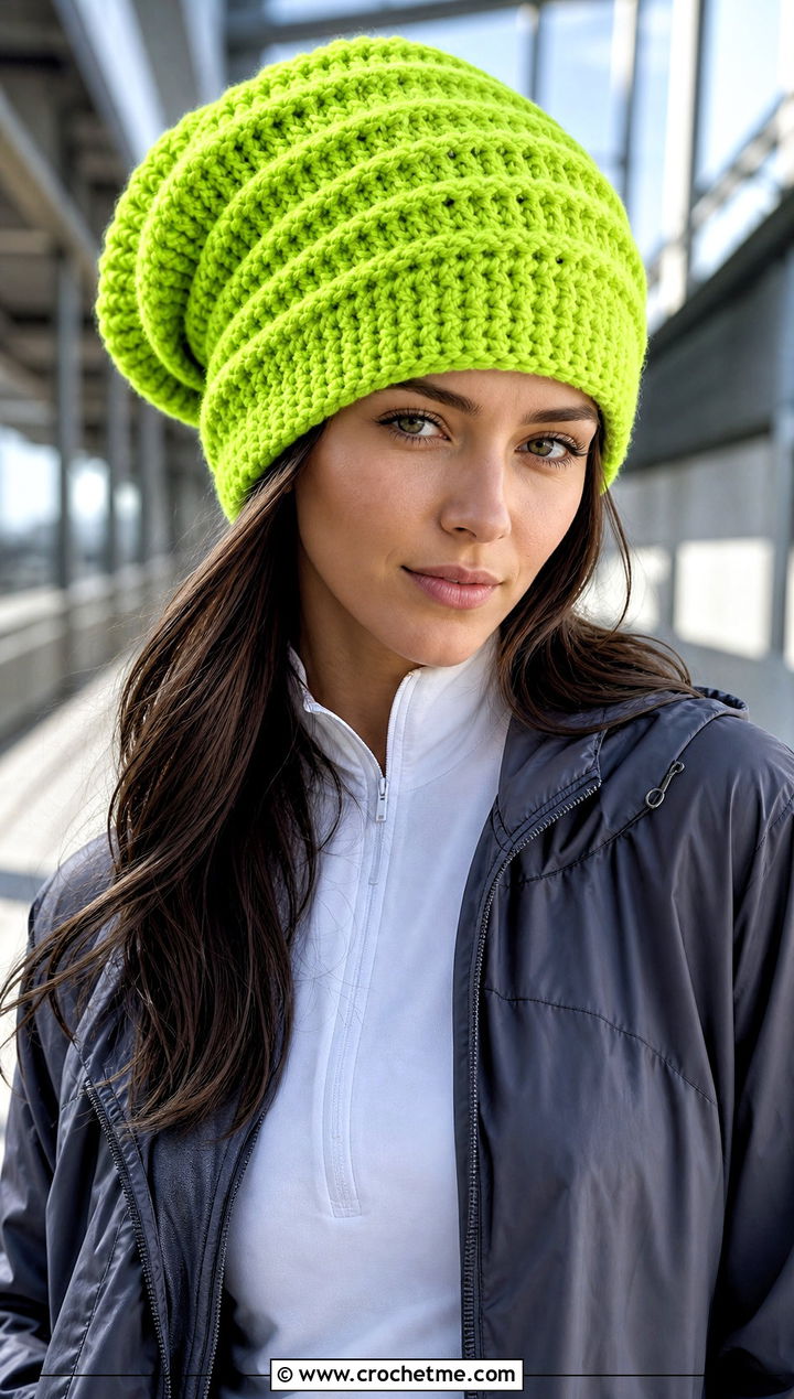 Spiral Stitch Long Crochet Hat With Track Pants - 30 crochet long hat outfit ideas