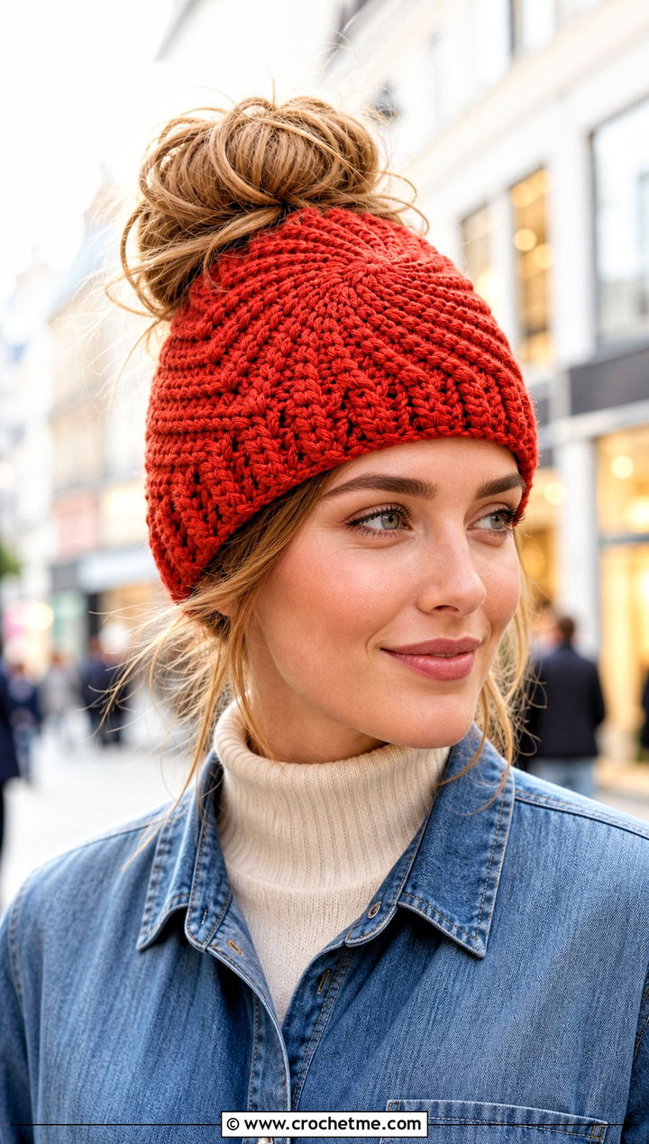 Spiral Stitch Messy Bun Crochet Beanie With Denim Dress - 30 easy messy bun crochet beanie outfit ideas
