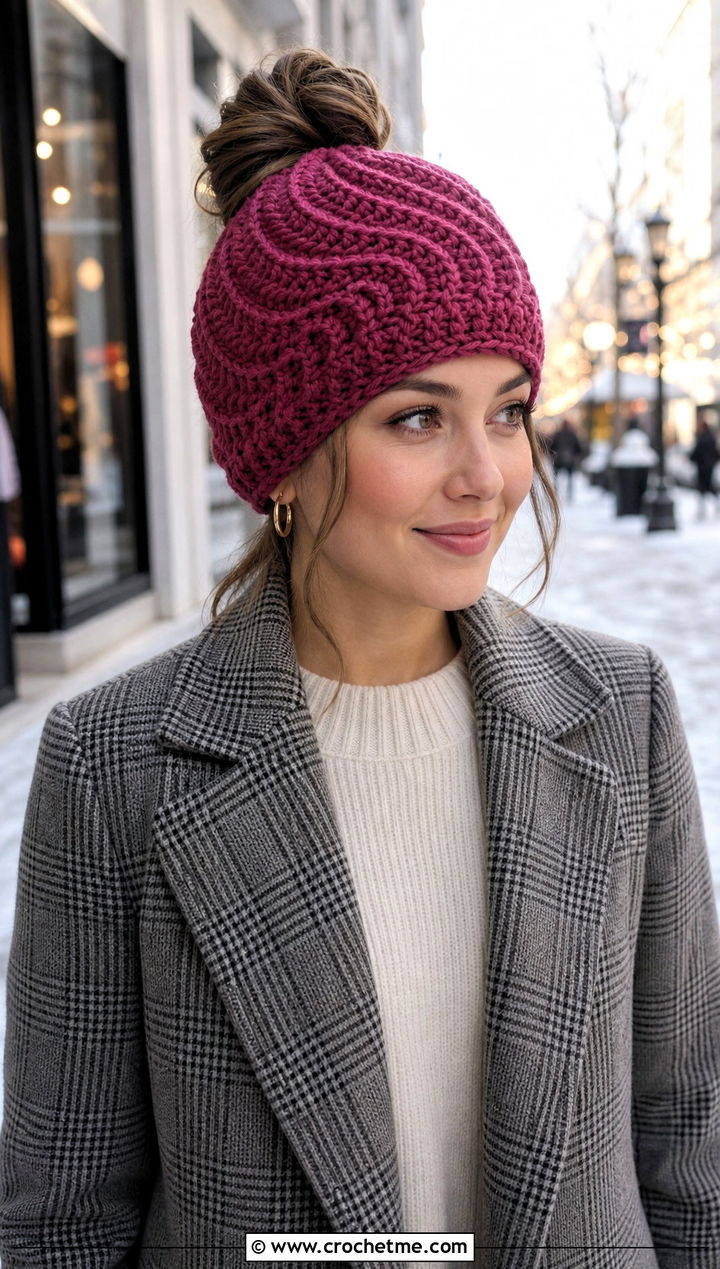 Spiral Stitch Messy Bun Crochet Hat With Plaid Coat - 25 Messy Bun Crochet Hat outfit ideas