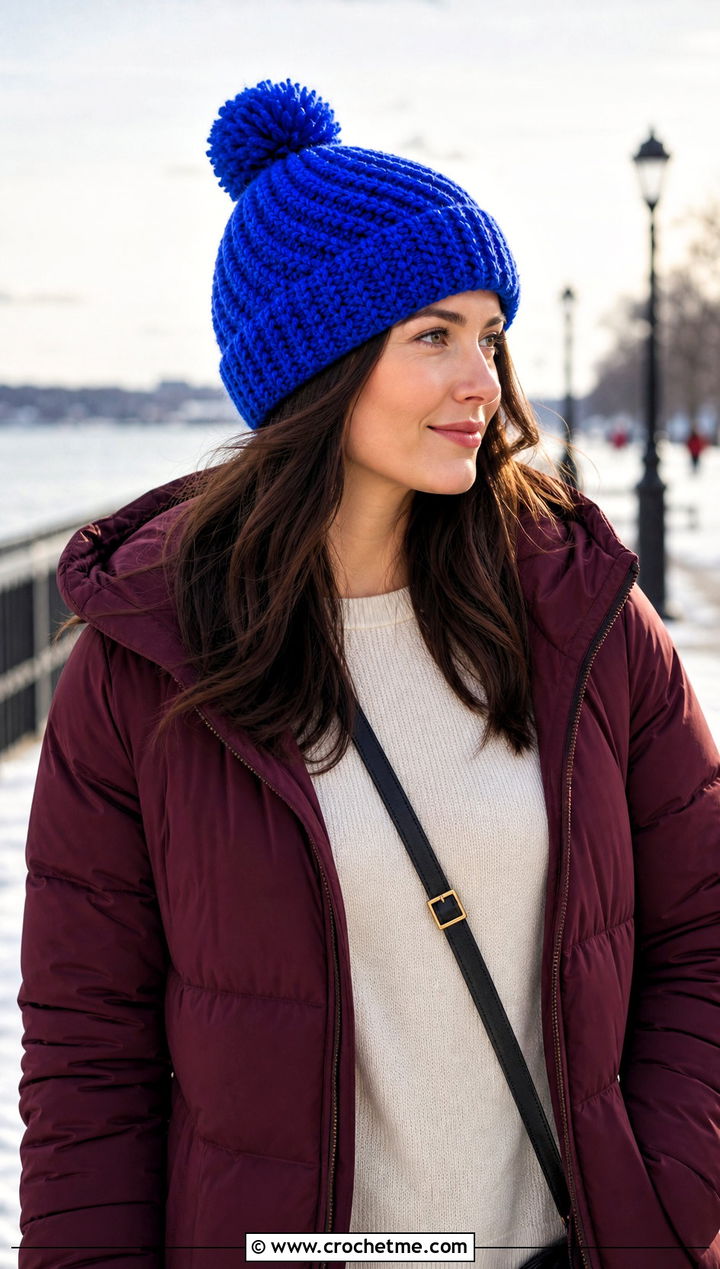 Spiral Stitch Pom Pom Crochet Hat With Puffer Coat And Maxi Skirt - 30 crochet hat with pom pom outfit ideas