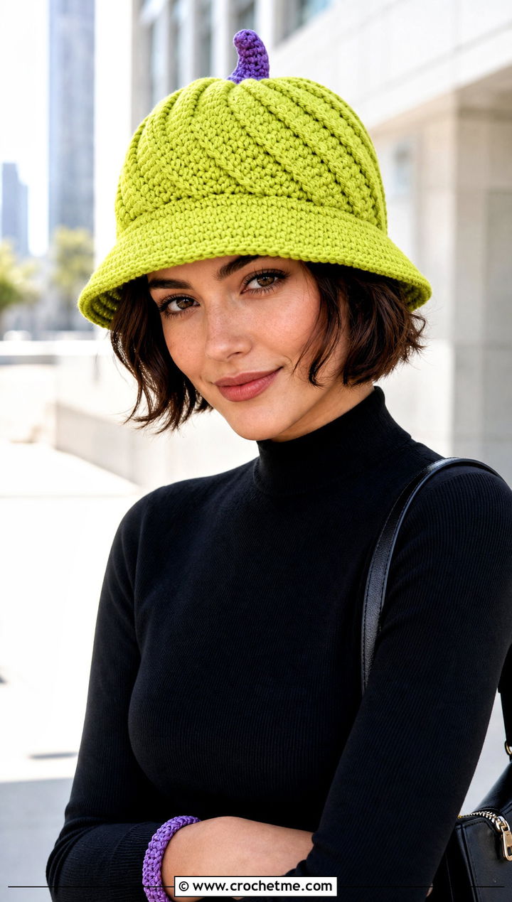 Spiral Stitch Pumpkin Bucket Hat With Monochrome Outfit - 30 crochet pumpkin bucket hat outfit ideas