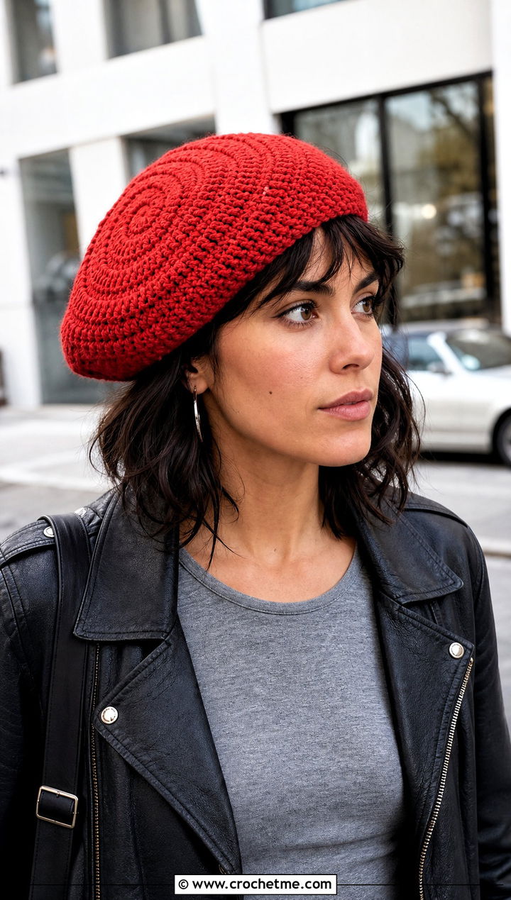 Spiral Stitch Red Crochet Beret With Leather Jacket - 15 red crochet beret outfit ideas