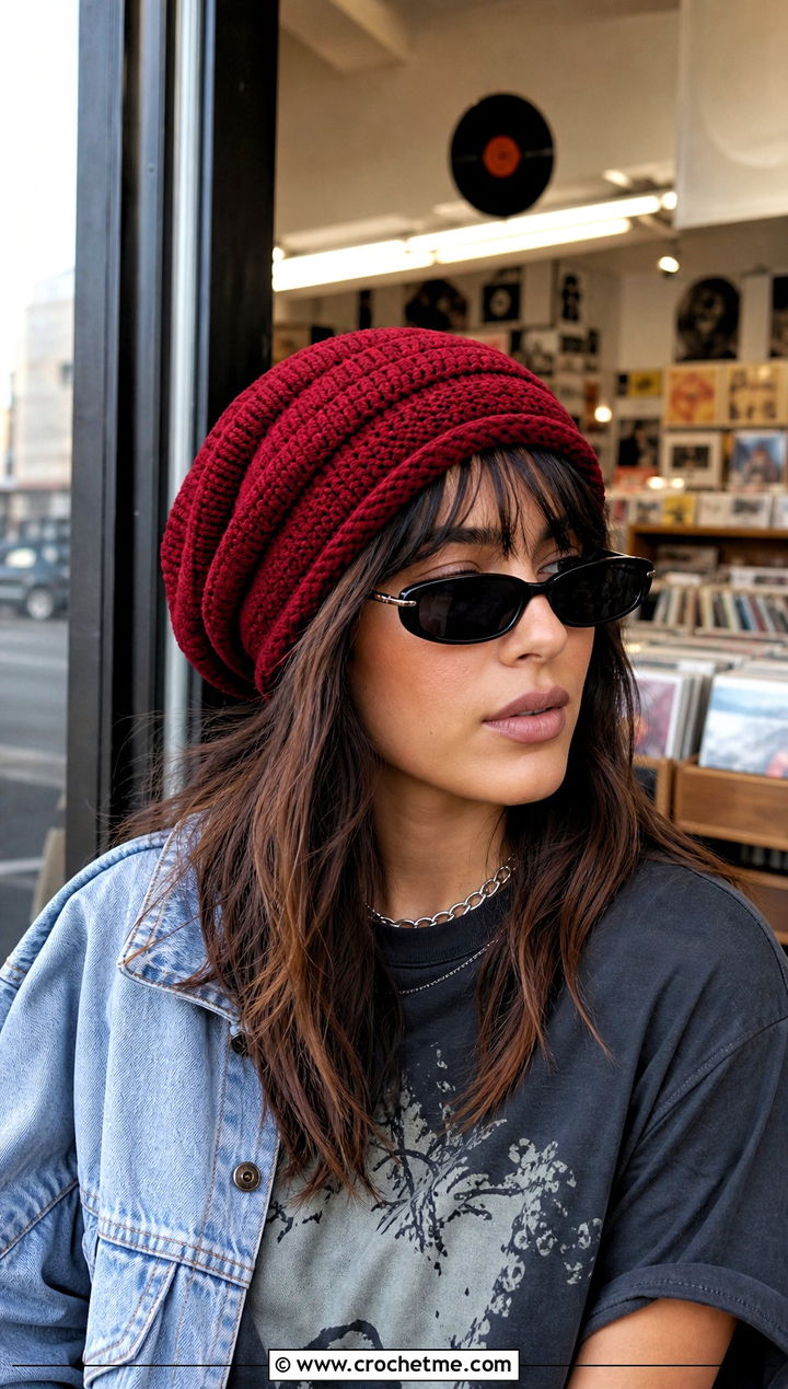 Spiral Stitch Slouchy Beanie With Graphic Tee And Jeans - 20 Summer Slouchy Crochet Hat outfit ideas