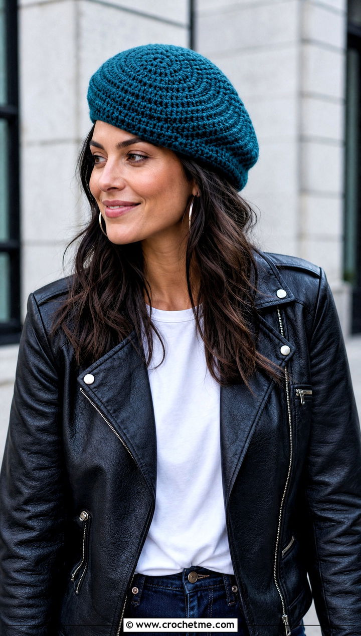 Spiral Stitch Slouchy Crochet Beret With Leather Jacket - 25 Slouchy Crochet Beret outfit ideas