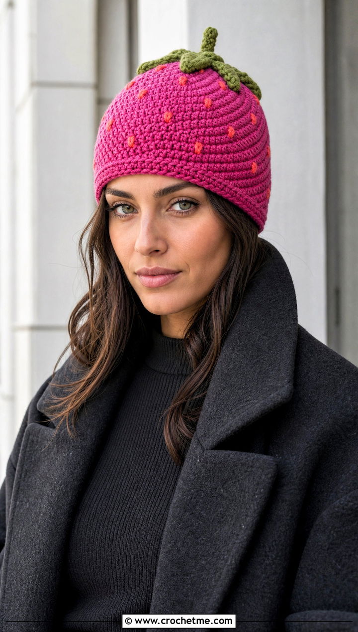 Spiral Stitch Strawberry Beanie With Monochrome Outfit - 30 Crochet Strawberry Beanie outfit ideas