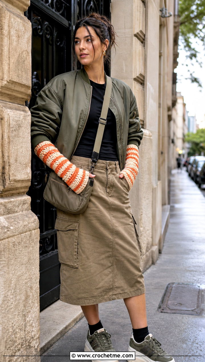 Spiral Stripe Crochet Arm Warmers With Bomber Jacket And Cargo Skirt - 25 Easy Crochet Arm Warmers outfit ideas
