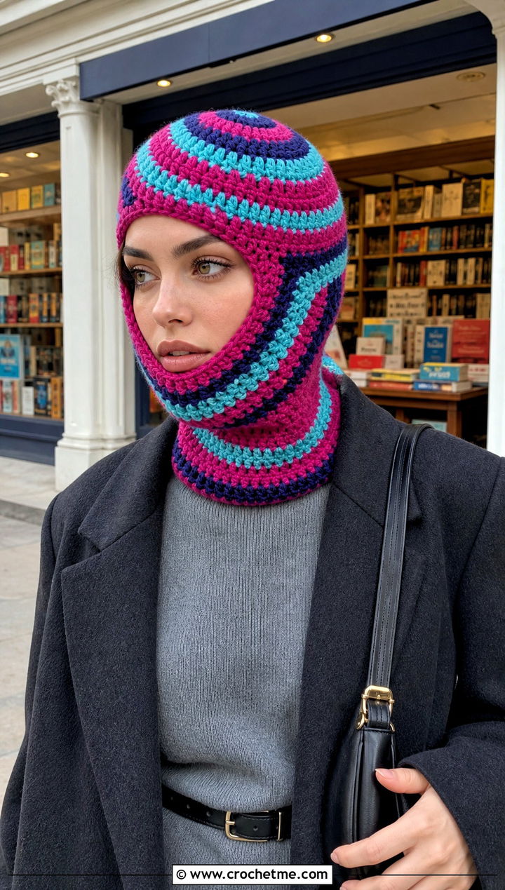 Spiral Stripe Crochet Balaclava With Sweater Dress - 15 Striped Crochet Balaclava outfit ideas