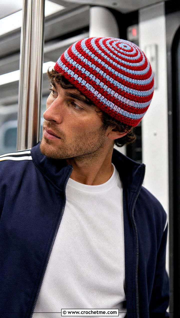 Spiral Stripe Crochet Beanie With Track Jacket - 15 mens striped crochet beanie outfit ideas