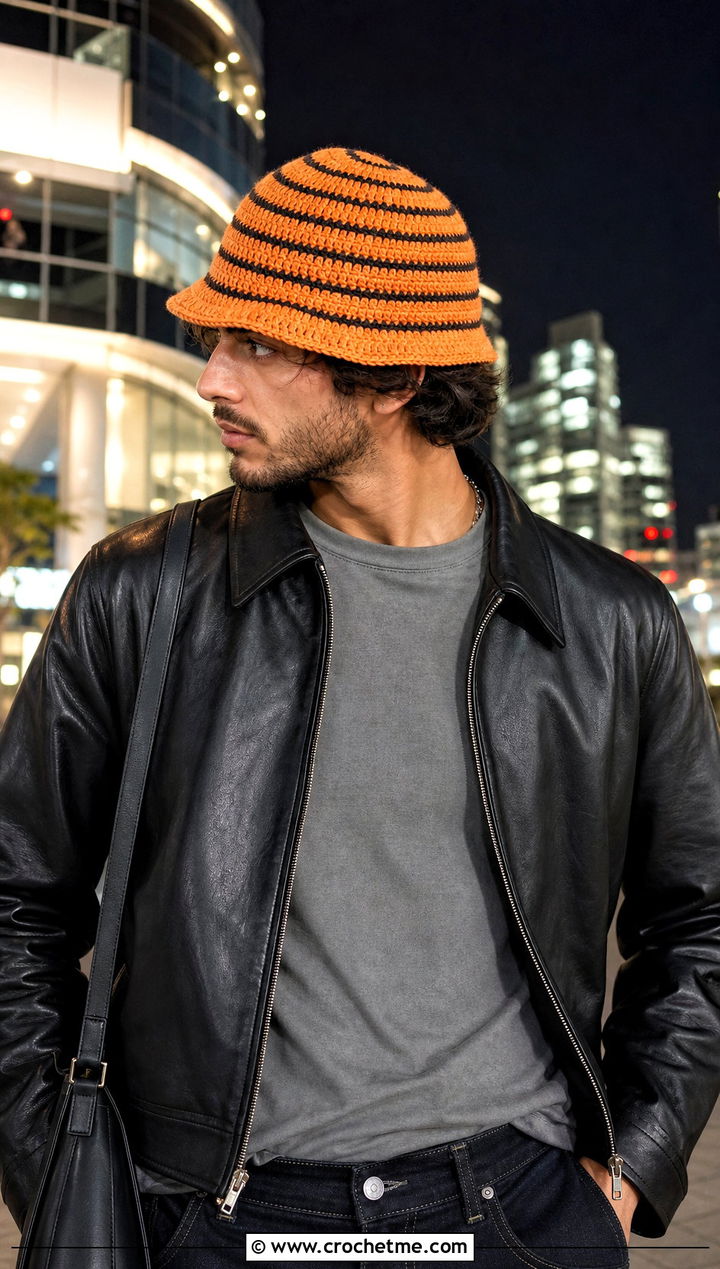 Spiral Stripe Crochet Bucket Hat With Leather Jacket And Dark Denim - 15 Crochet Mens Bucket Hat outfit ideas