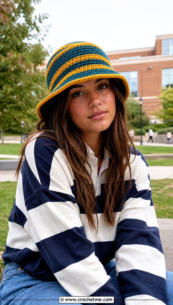 Spiral Stripe Crochet Bucket Hat With Rugby Shirt - 25 Crochet Bucket Hat For Women outfit ideas