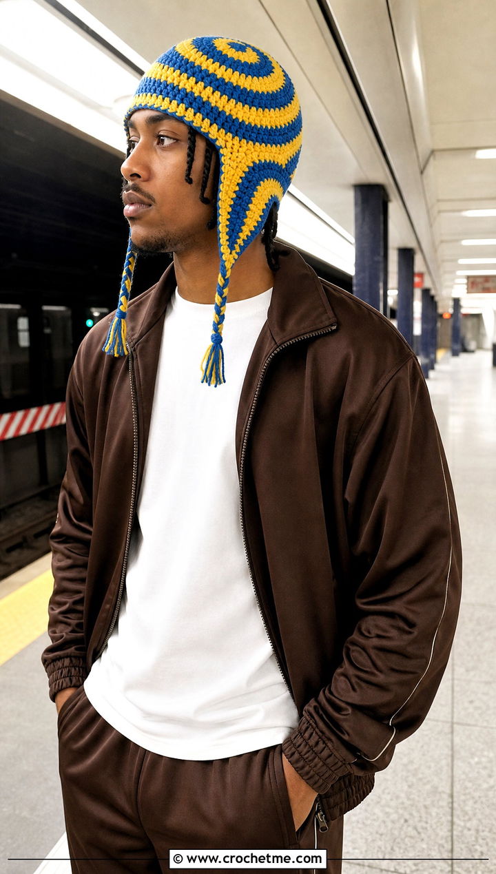 Spiral Stripe Crochet Earflap Hat With Tracksuit - 20 Mens Crochet Earflap Hat outfit ideas