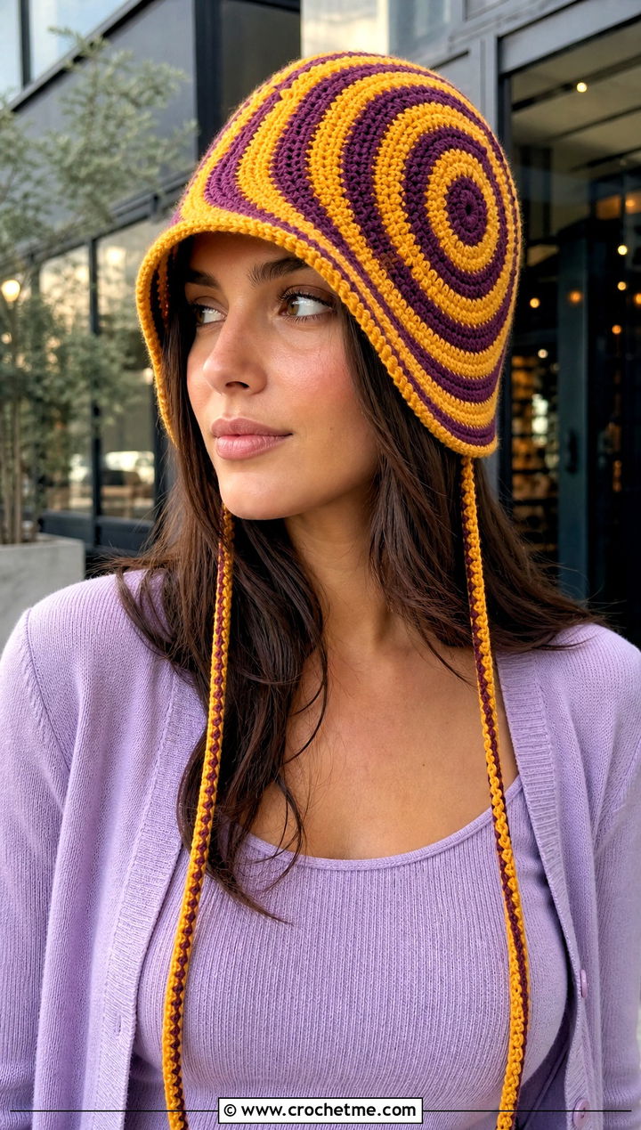 Spiral Stripe Crochet Flap Hat With Knit Set - 30 crochet flap hat outfit ideas
