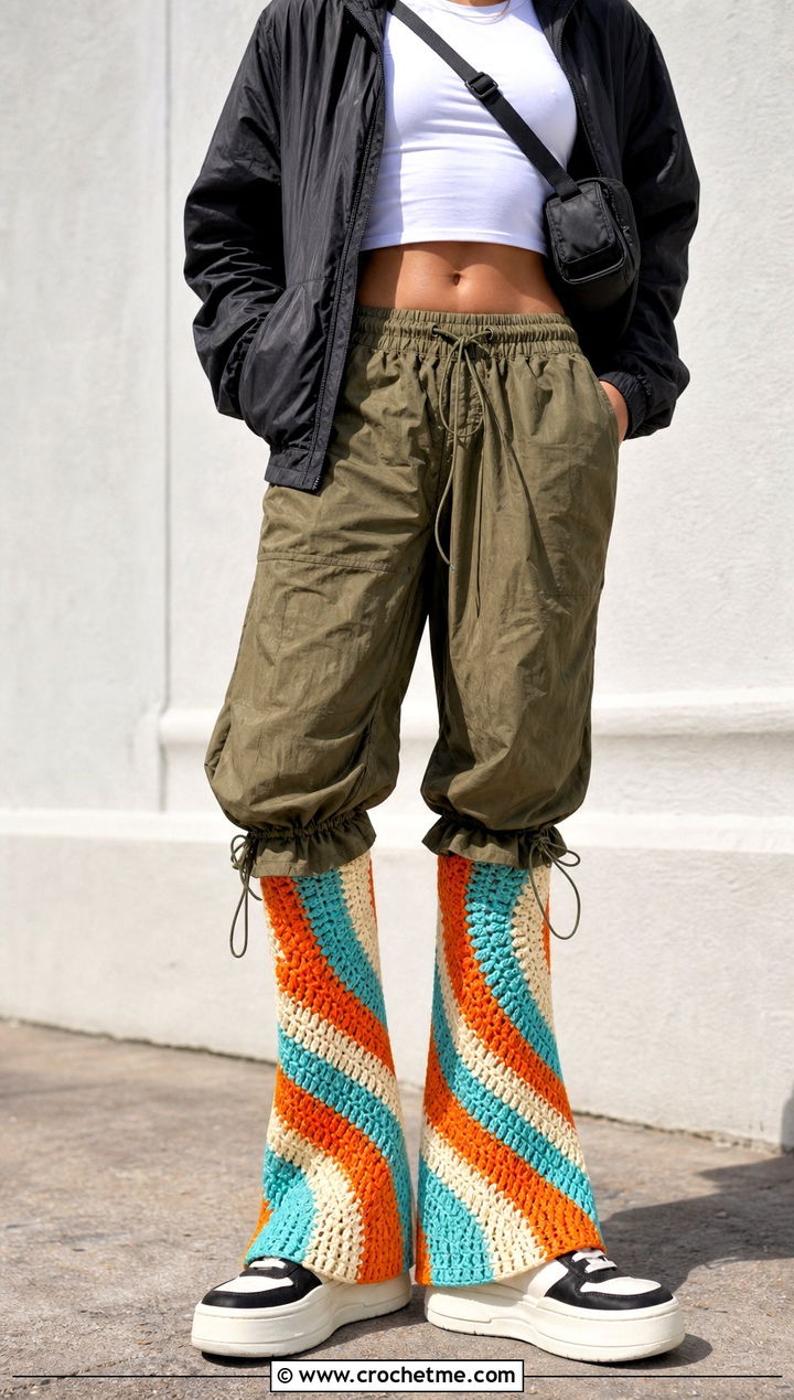 Spiral Stripe Crochet Flared Leg Warmers With Parachute Pants - 30 Crochet Flared Leg Warmers outfit ideas