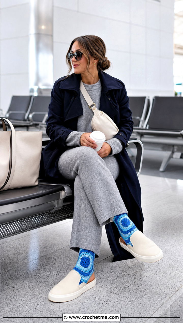 Spiral Stripe Crochet Flat Socks With A Travel Knit Set - 25 Crochet Flat Socks outfit ideas