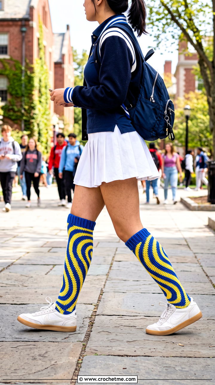 Spiral Stripe Crochet Knee High Socks With Varsity Jacket - 30 crochet long socks outfit ideas
