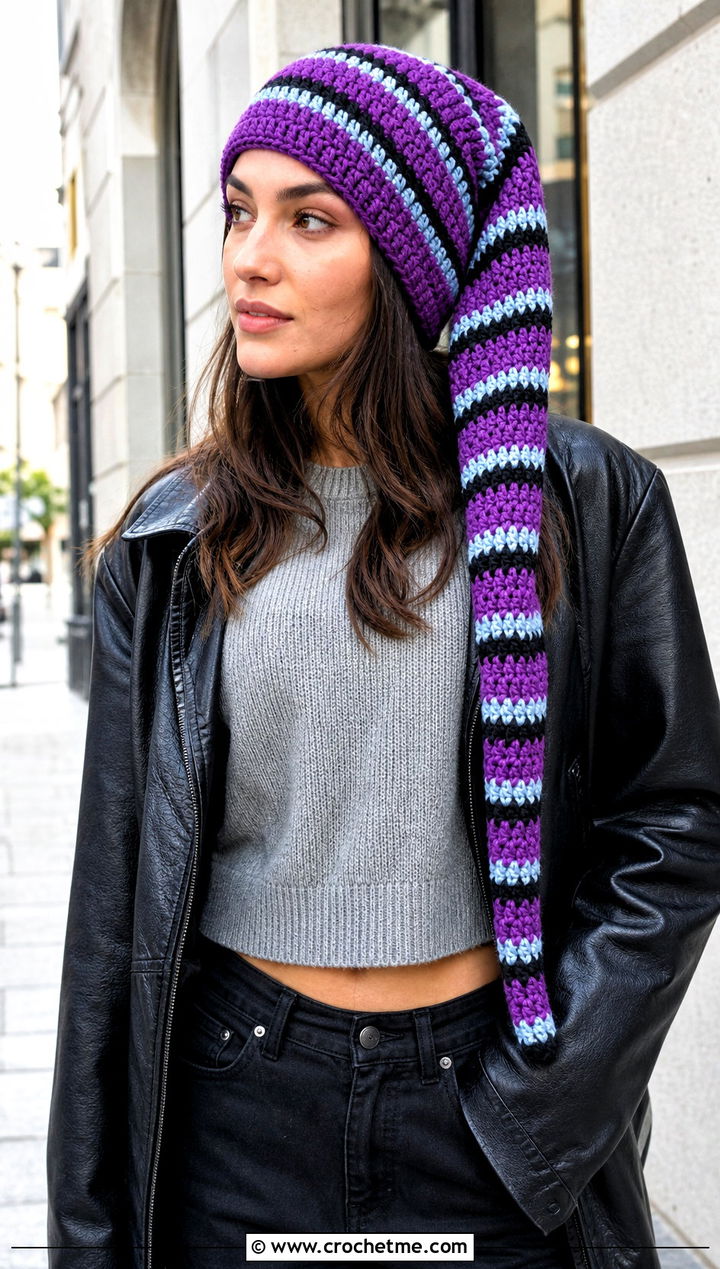 Spiral Stripe Crochet Long Stocking Cap With Leather Jacket - 20 Crochet Long Stocking Cap outfit ideas