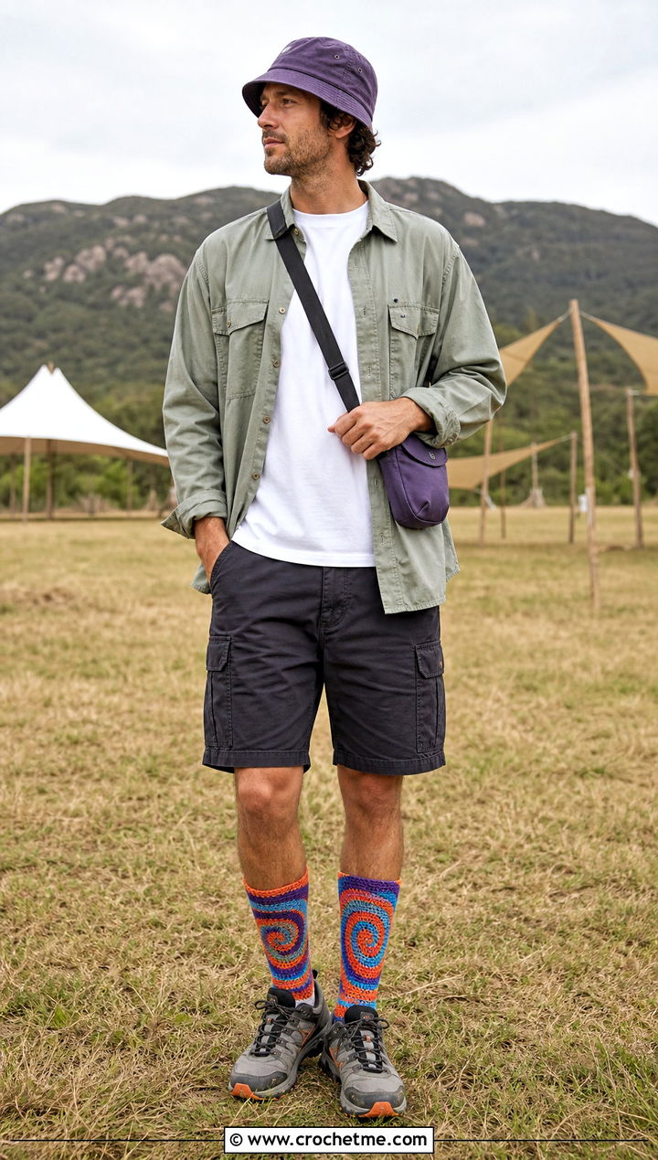 Spiral Stripe Crochet Socks With Festival Outfit - 35 crochet socks for men outfit ideas