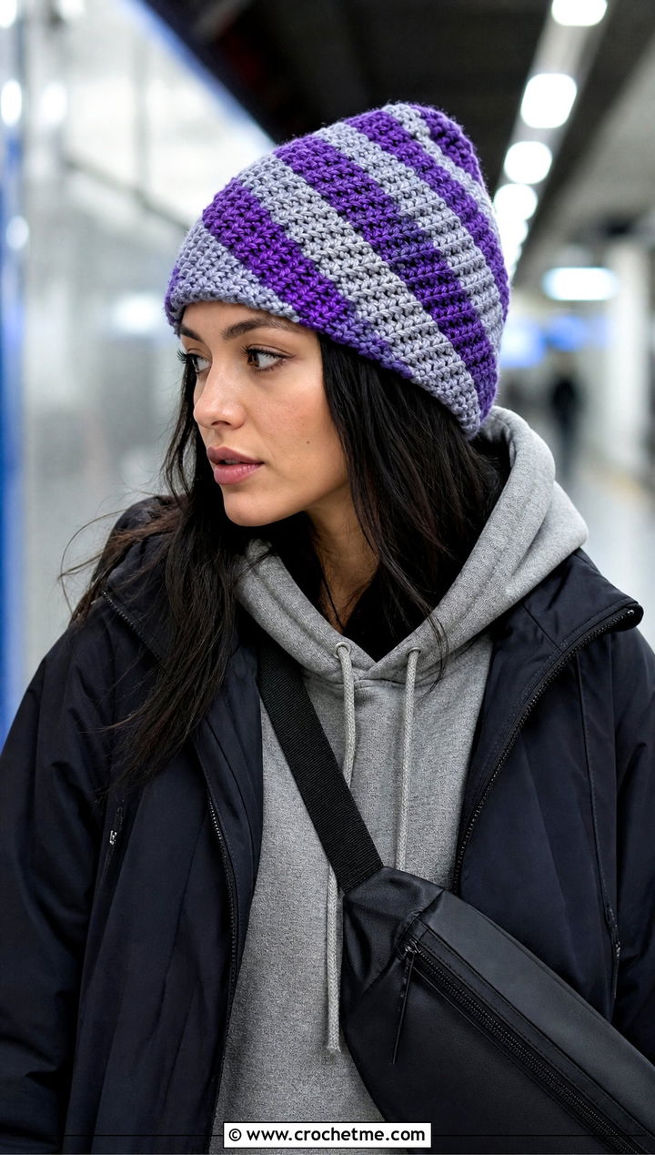 Spiral Stripe Crochet Stocking Hat With Hoodie And Joggers - 25 easy crochet stocking hat outfit ideas