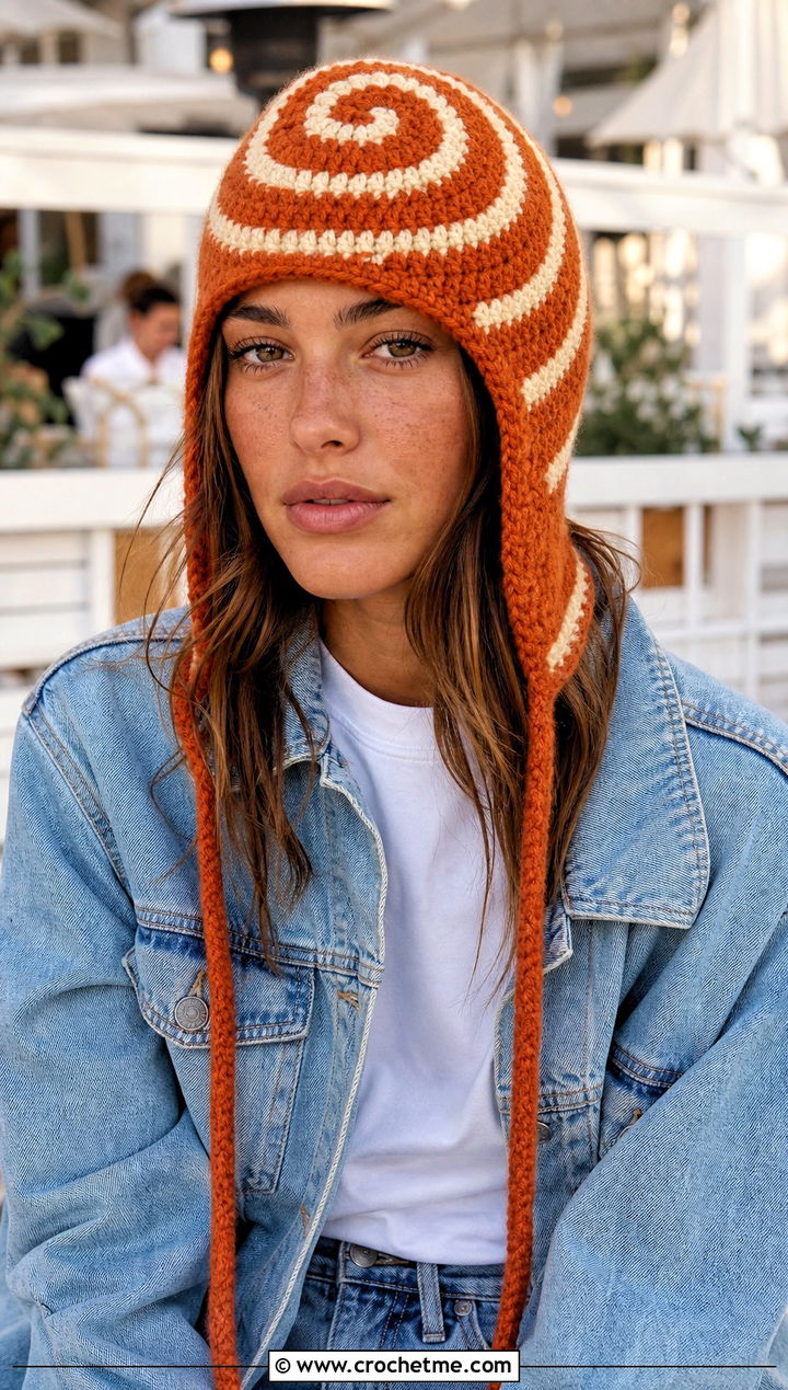 Spiral Stripe Ear Flap Hat With Double Denim - 25 crochet ear flap hat outfit ideas