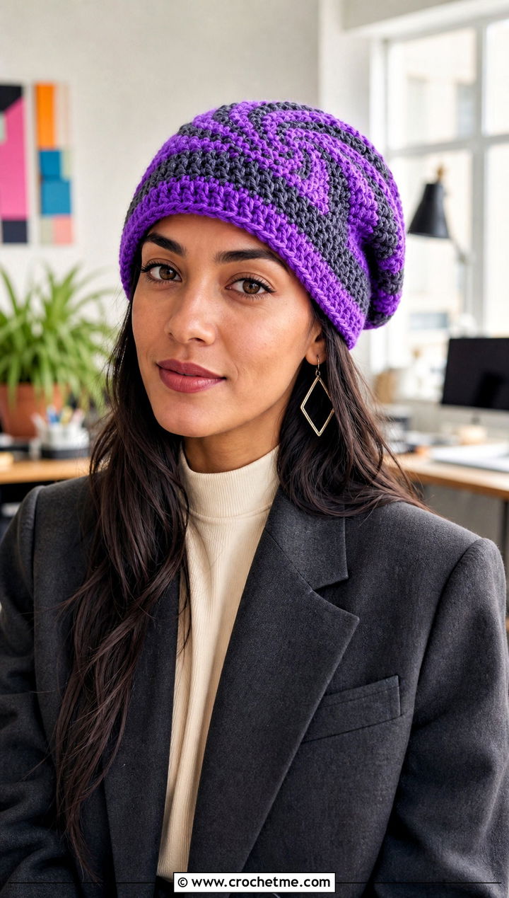 Spiral Stripe Slouchy Crochet Beanie With Blazer And Trousers - 15 Striped Slouchy Crochet Beanie outfit ideas