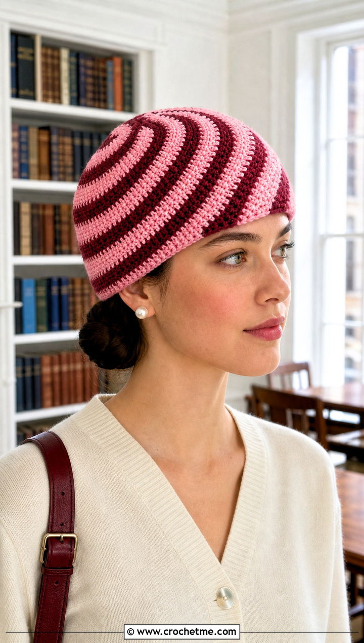 Spiral Striped Crochet Beanie With Cardigan And Plaid Skirt - 15 Crochet Striped Beanies outfit ideas