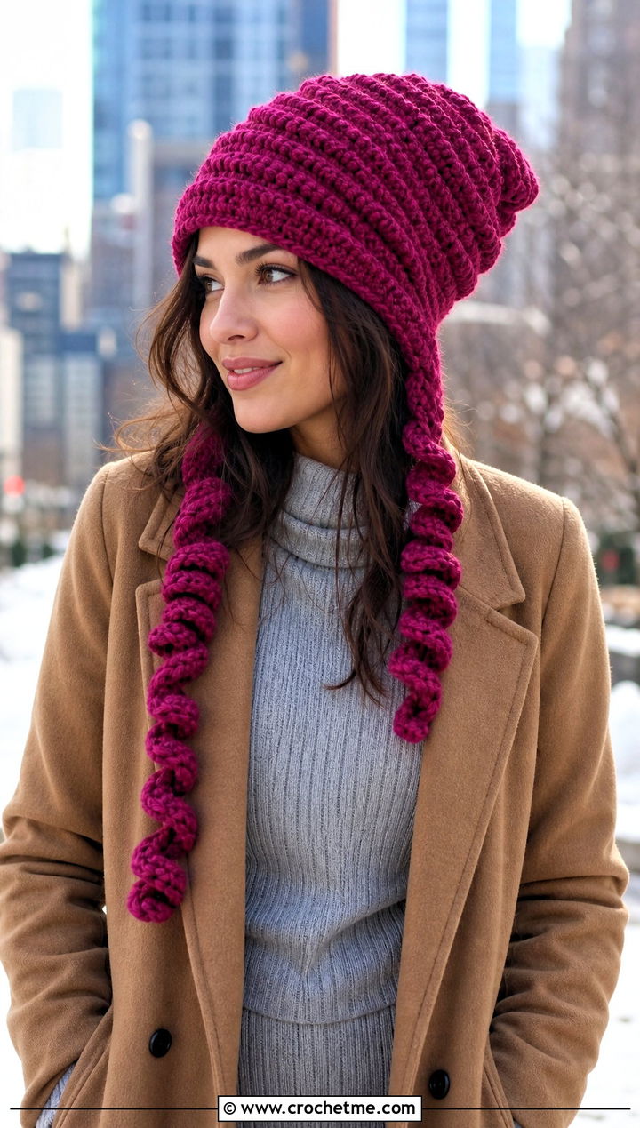 Spiral Tassel Curly Cue Hat With Sweater Dress - 25 Crochet Curly Cue Hat outfit ideas