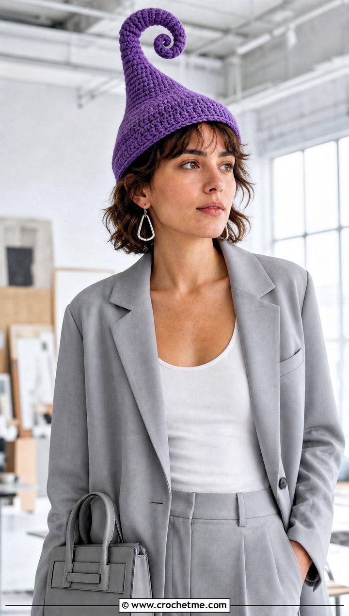 Spiral Tip Fairy Hat With Monochrome Suit And Sneakers - 20 Crochet Fairy Hat outfit ideas