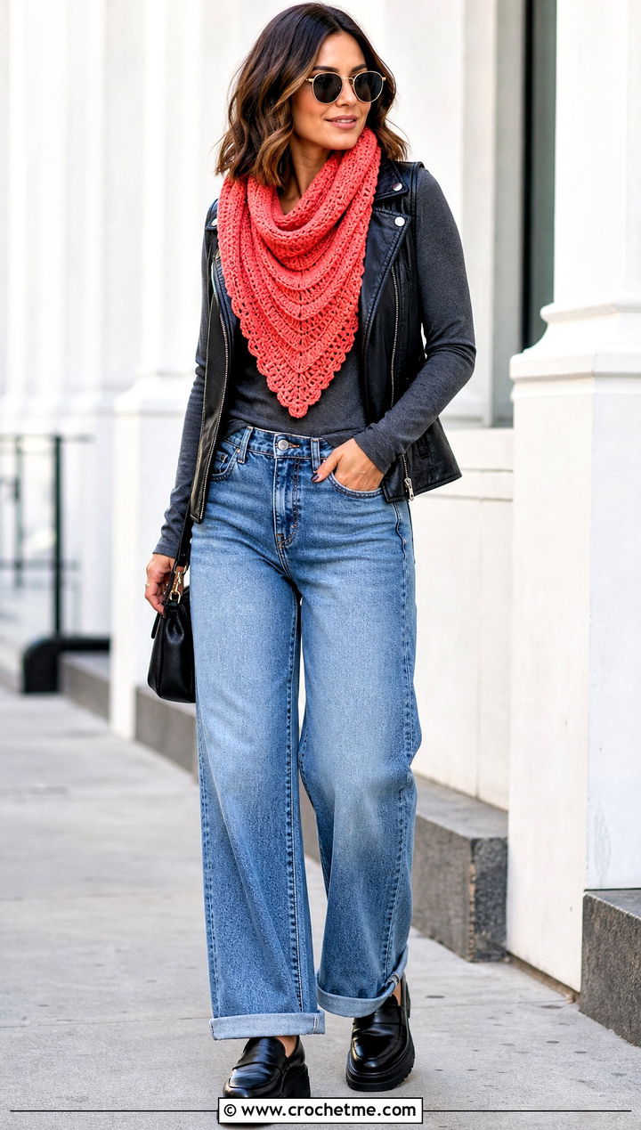 Spiral Triangle Cowl With Moto Vest - 30 crochet triangle cowl outfit ideas
