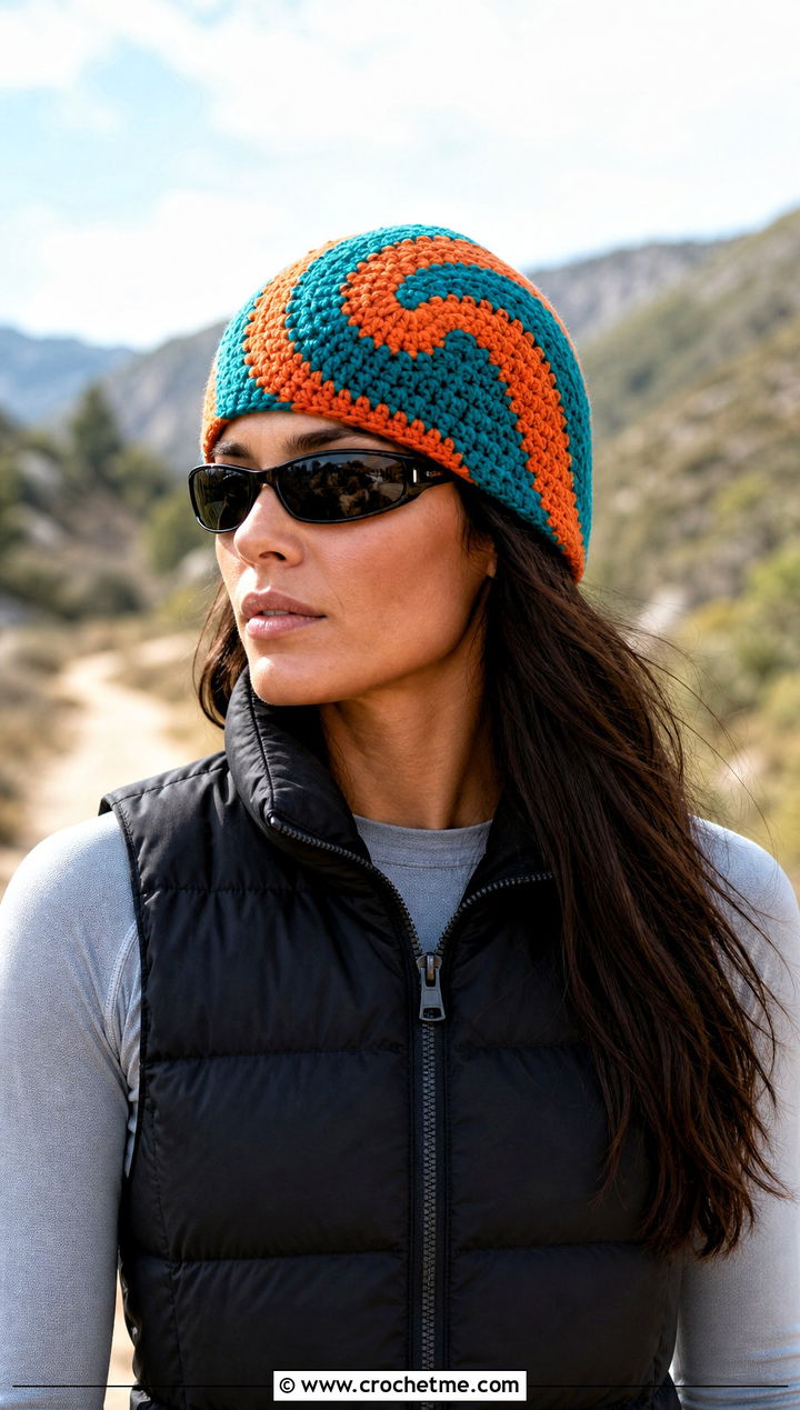 Spiral Two Tone Crochet Beanie With Puffer Vest - 15 two tone crochet beanie outfit ideas