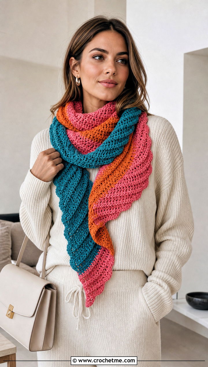 Spiral Variegated Crochet Scarf With Monochrome Knit Outfit - 25 Variegated Yarn Crochet Scarf outfit ideas