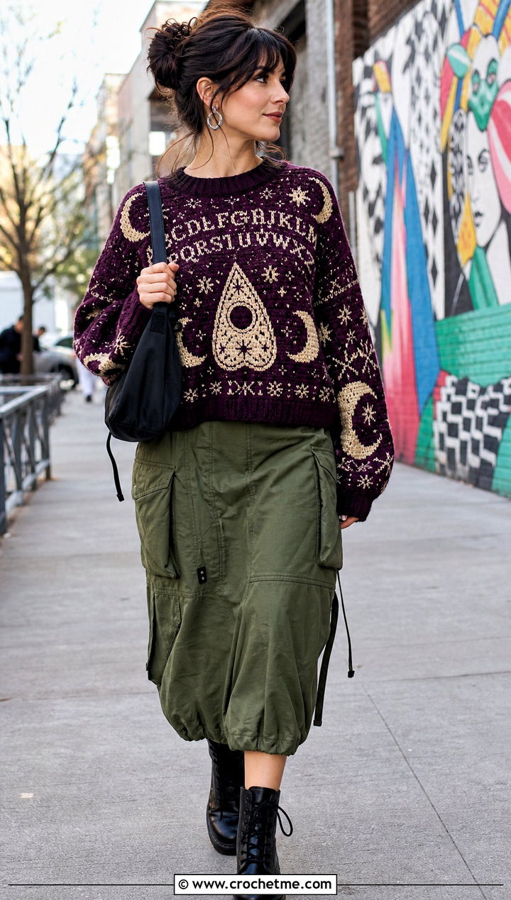 Spirit Board Crochet Sweater With Cargo Skirt - 35 halloween crochet clothes and outfit ideas