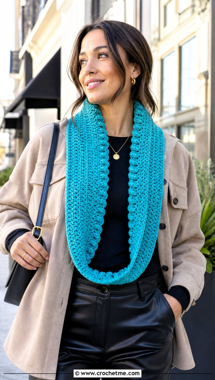 Split Collar Crochet Cowl With Shacket And Leather Pants - 35 crochet neck warmer cowls outfit ideas