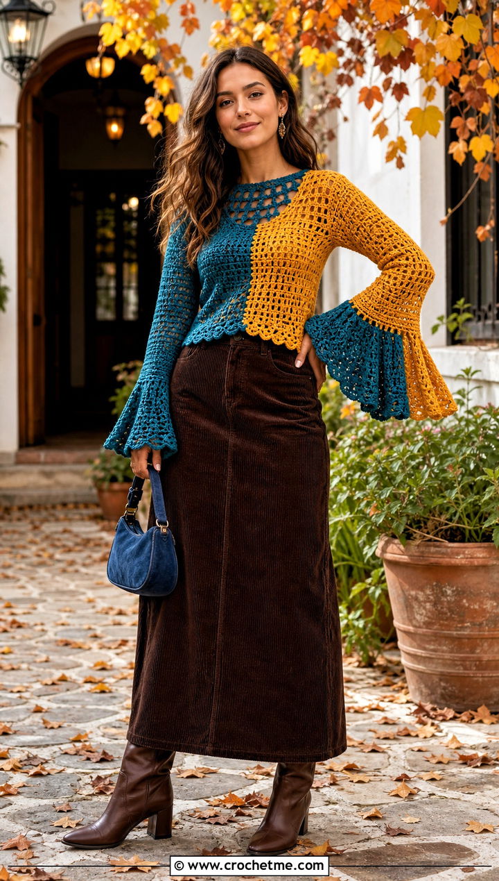Split Color Bell Sleeve Crochet Top With Corduroy Skirt - 20 Split Color Crochet Top outfit ideas
