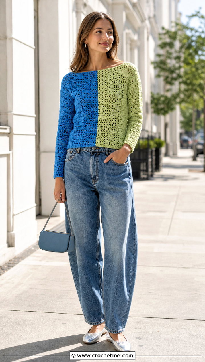 Split Color Boat Neck Crochet Top With Barrel Jeans - 20 Split Color Crochet Top outfit ideas