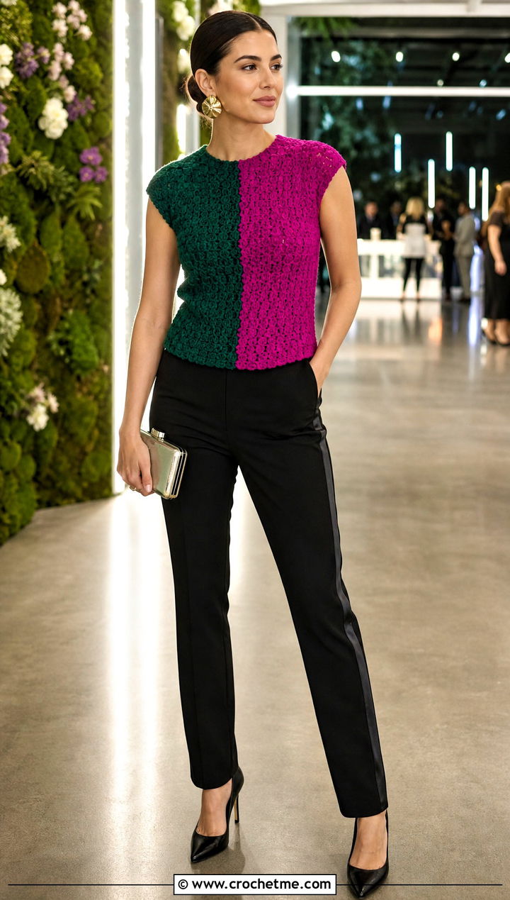 Split Color Cap Sleeve Crochet Top With Tuxedo Pants - 20 Split Color Crochet Top outfit ideas