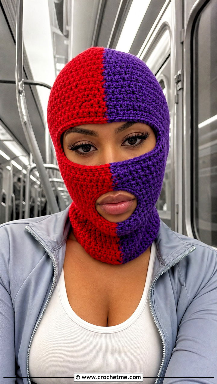 Split Color Crochet Balaclava Beanie With Track Jacket - 25 crochet balaclava beanie outfit ideas