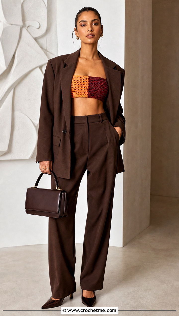 Split Color Crochet Bandeau Top With Trouser Suit - 30 two colour crochet top outfit ideas