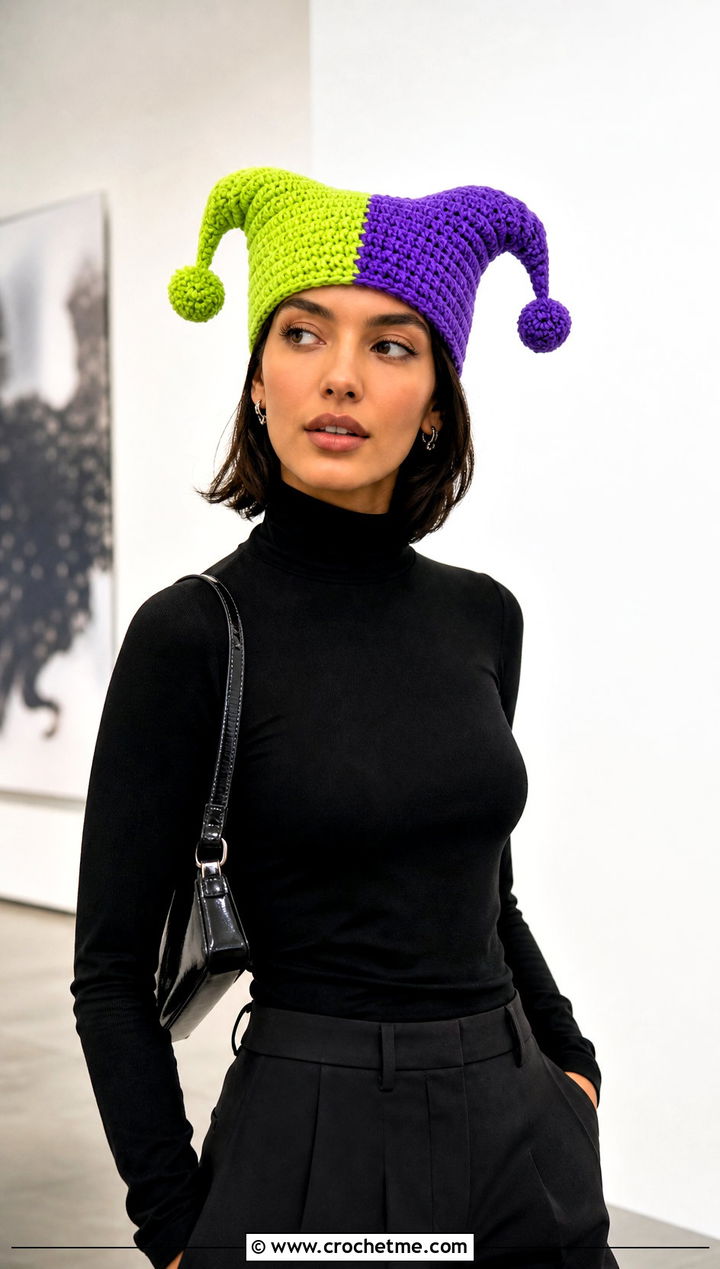 Split Color Crochet Clown Hat With Monochrome Outfit - 30 crochet clown hat outfit ideas