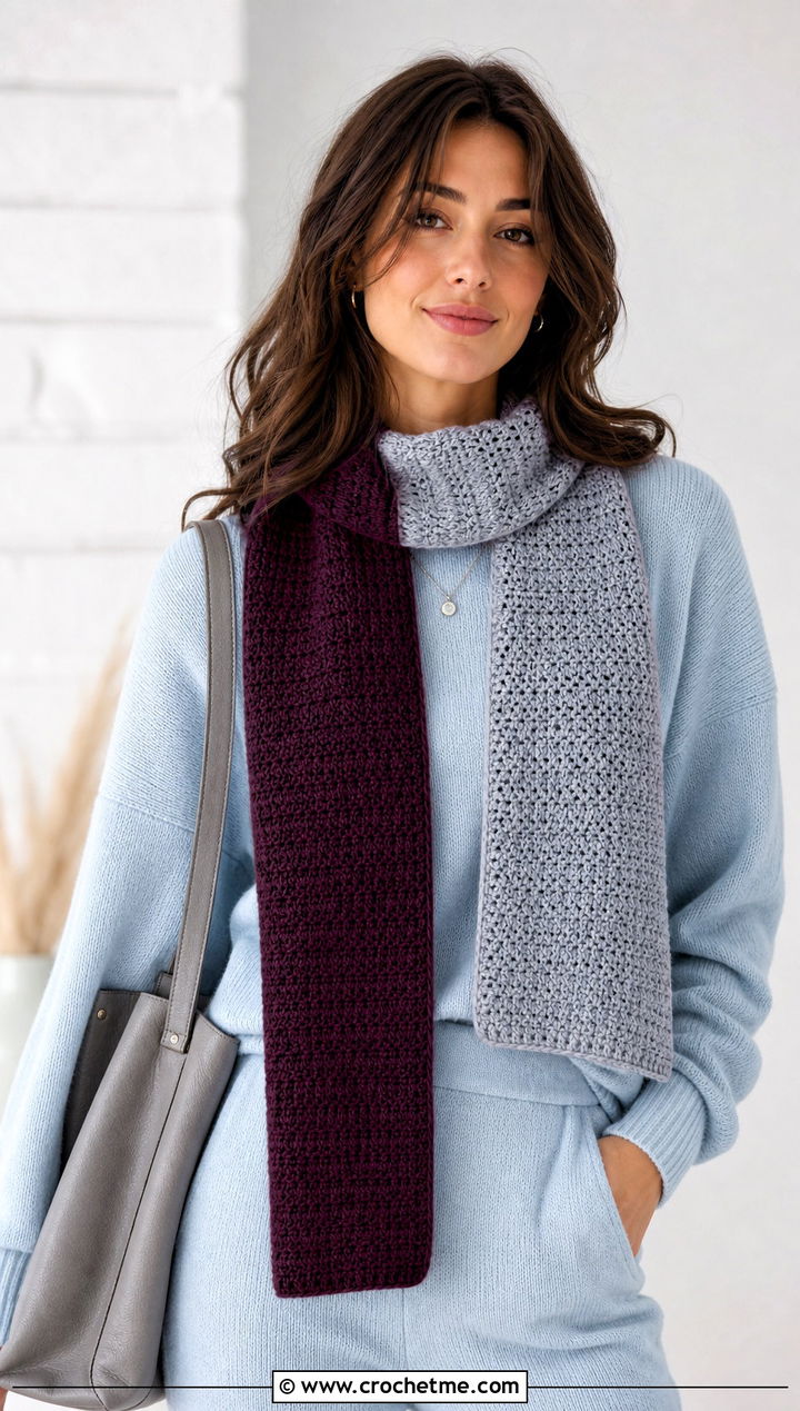 Split Color Crochet Scarf With Monochrome Knit Set - 30 2 color crochet scarf outfit ideas