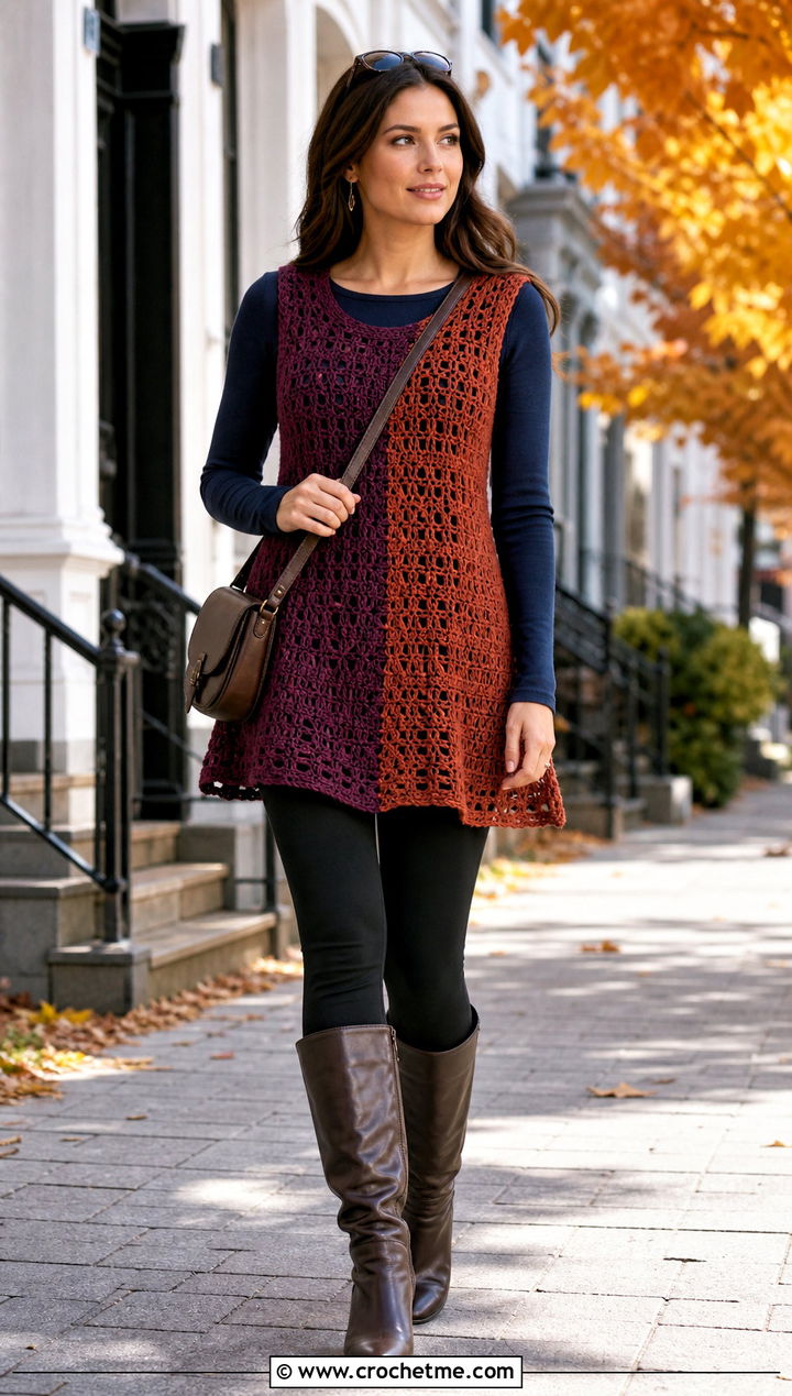 Split Color Crochet Tunic Top With Leggings - 20 Split Color Crochet Top outfit ideas