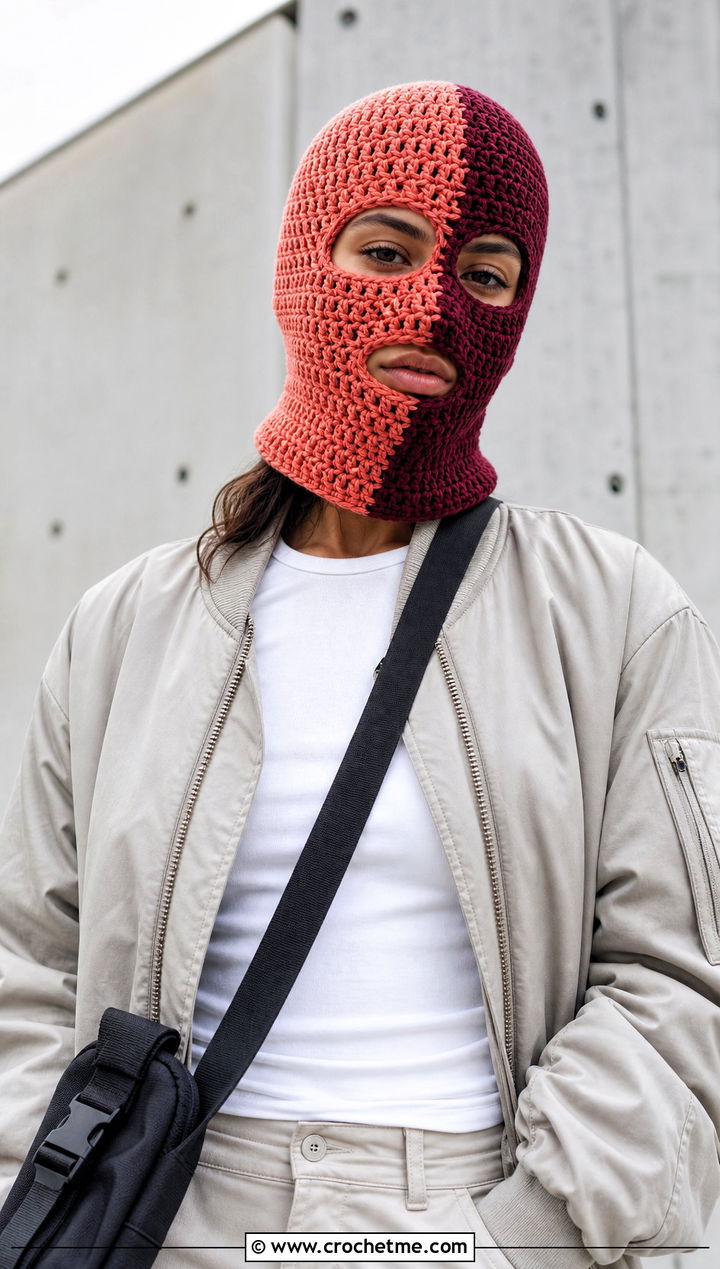 Split Color Helmet Balaclava With Bomber Jacket - 25 crochet helmet balaclava outfit ideas