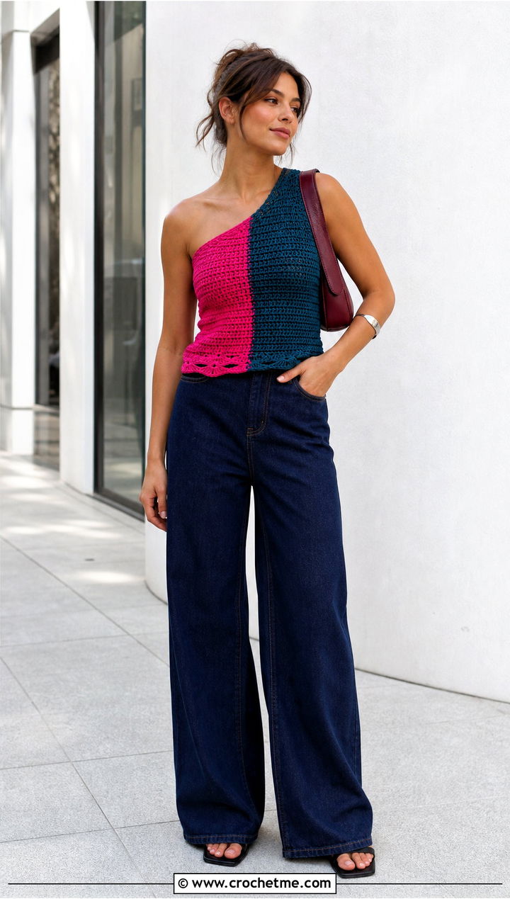 Split Color One Shoulder Crochet Top With Wide Leg Jeans - 20 Split Color Crochet Top outfit ideas