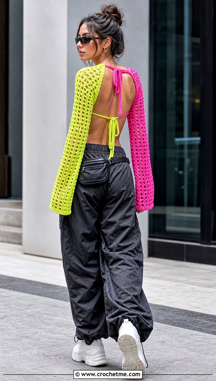 Split Color Open Back Crochet Top With Parachute Pants - 20 Split Color Crochet Top outfit ideas