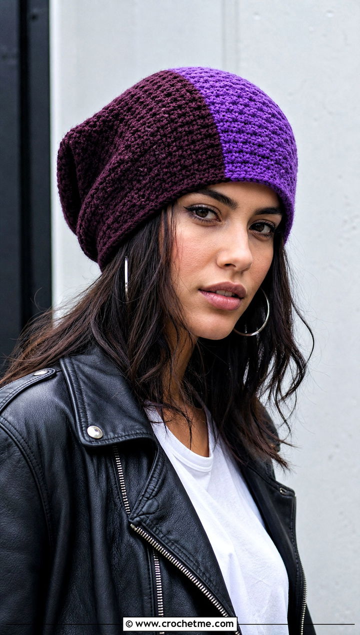 Split Color Slouchy Crochet Beanie With Leather Jacket - 30 two color crochet beanie outfit ideas