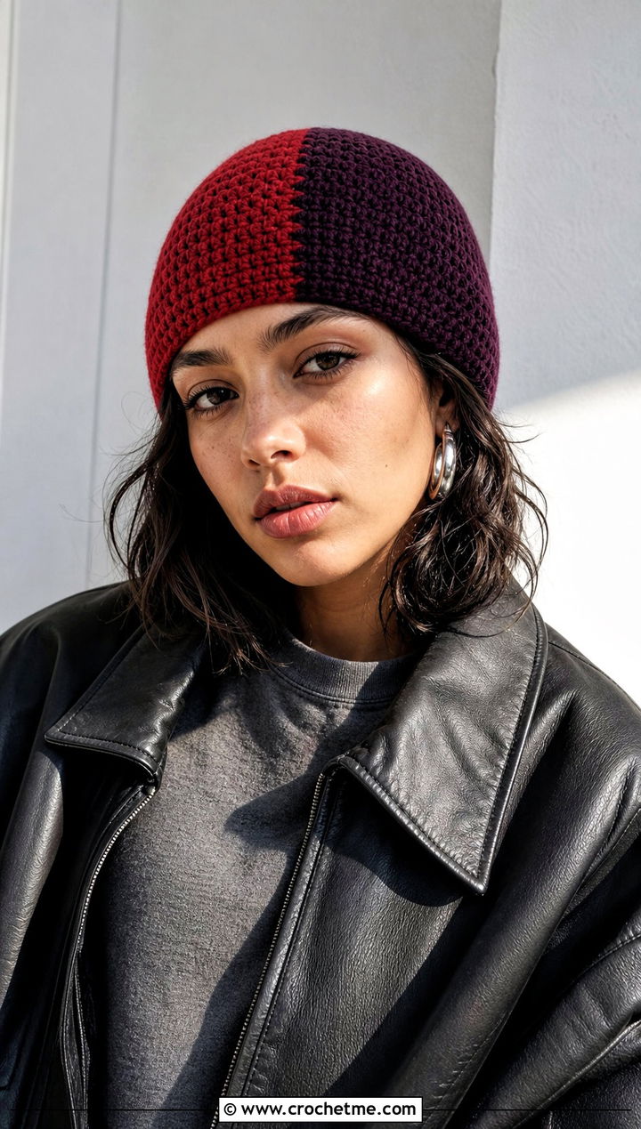 Split Color Two Tone Crochet Beanie With Leather Jacket - 15 two tone crochet beanie outfit ideas
