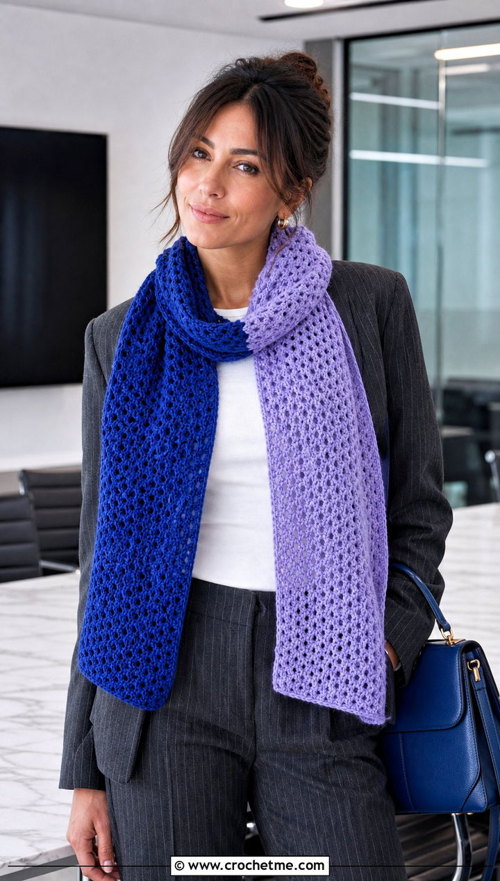 Split Color Two Tone Crochet Scarf With Pinstripe Suit - 25 two tone crochet scarf outfit ideas